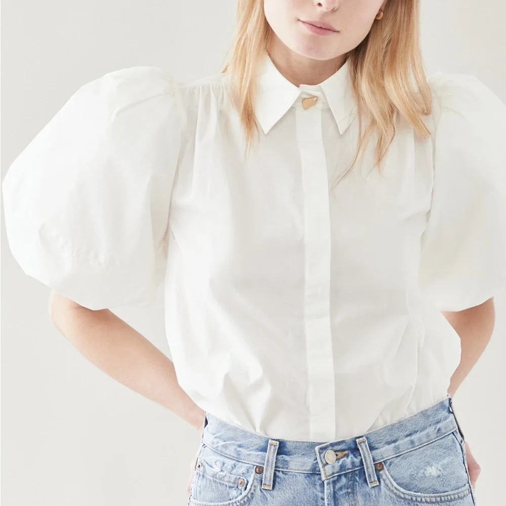 NWOT. Aje shirt with puff sleeves, collared neck, gold tone button. Never worn. - Picture 5 of 8